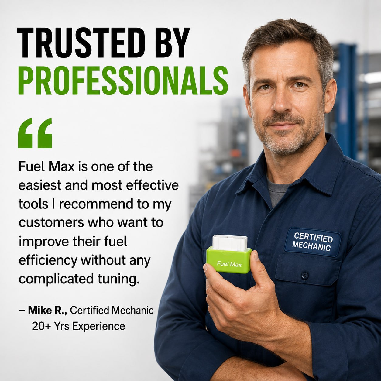 Certified mechanic holding a Fuel Max device
